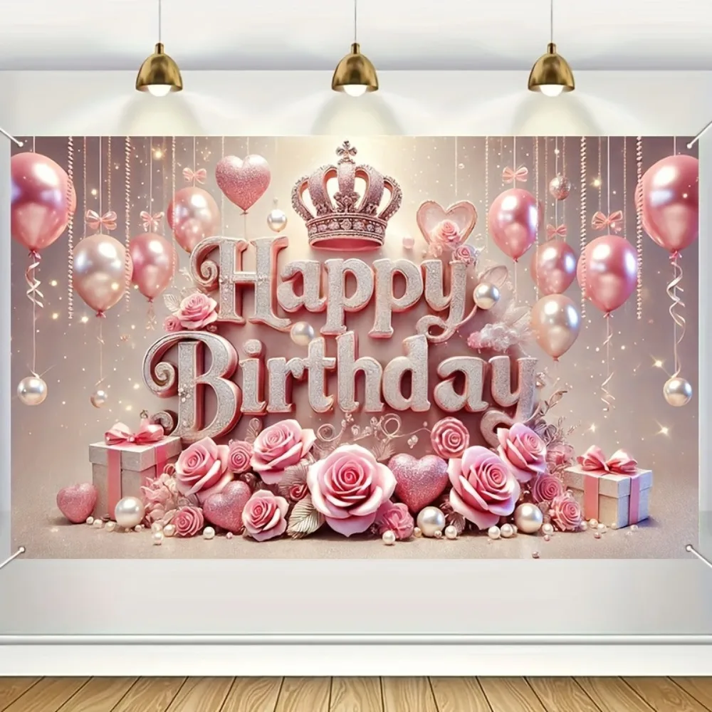 Happy birthday photography background, gorgeous crown and balloon theme, pink roses and glitter gift decoration