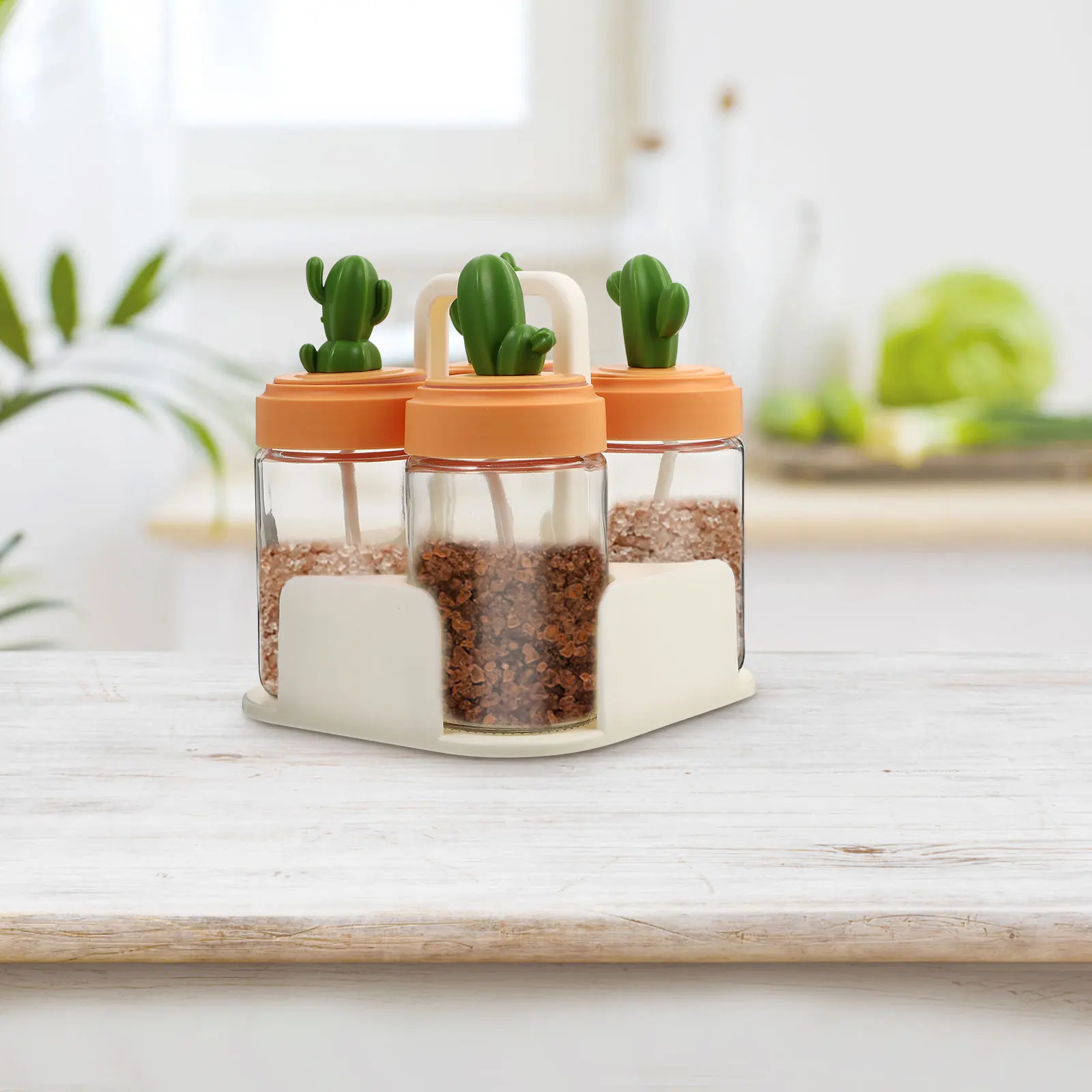

4Pcs Kitchen Seasoning Jar Cactus Spice Containers Large Capacity Condiment Holder Wear Resistant Easy Clean Seasoning Jar