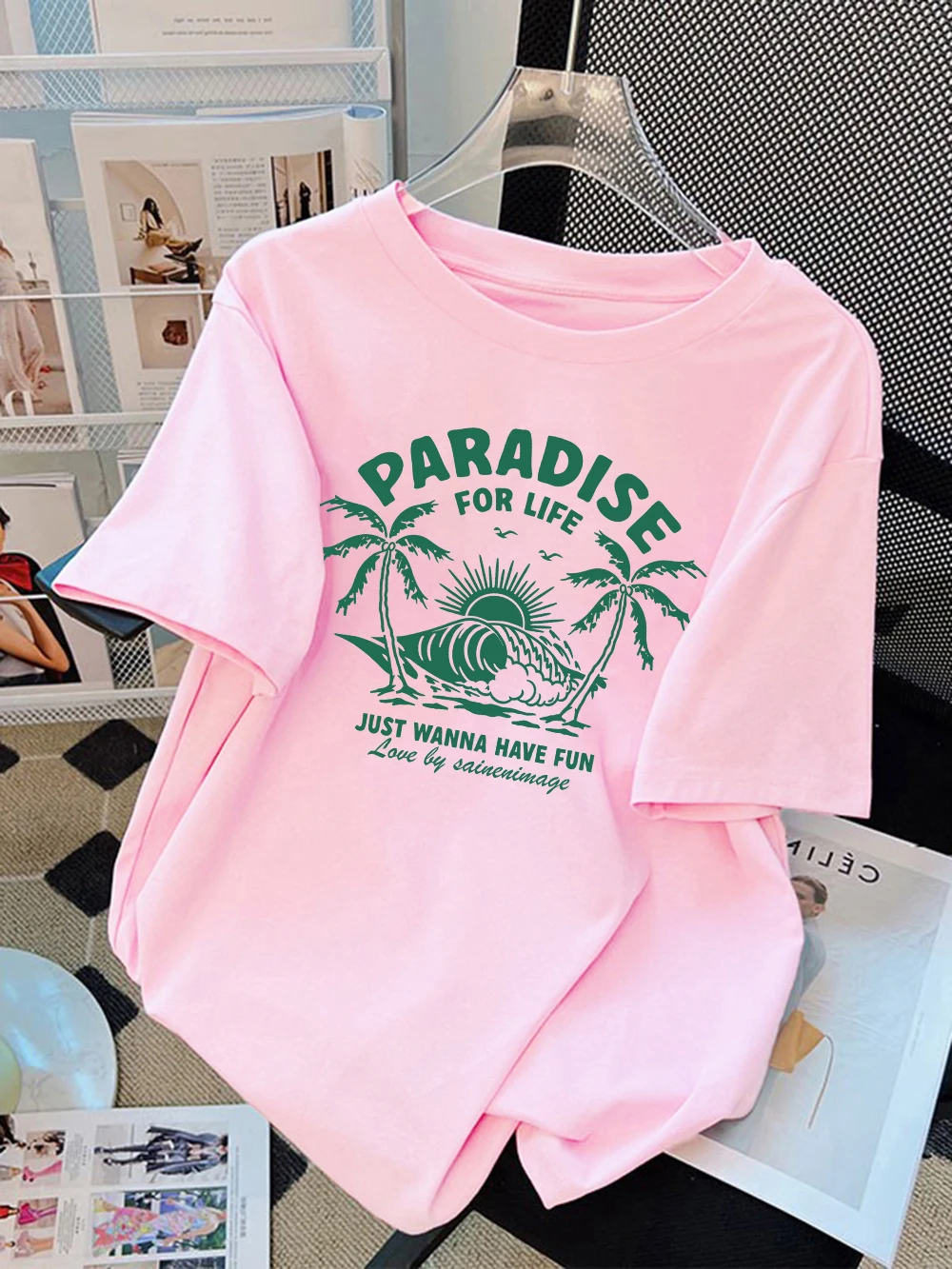 

Летние футболки из хлопка, женские футболки с короткими рукавами и принтами Paradise For Life, мягкие свободные топы с круглым вырезом, праздничная повседневная женская одежда
