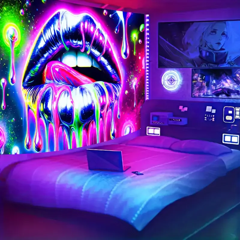 Neon Passion UV Reactive Sexy Lips Tapestry Black Light Fluorescent Kissing Lips Tapestry Wall Hanging Wall Decor for Bedroom