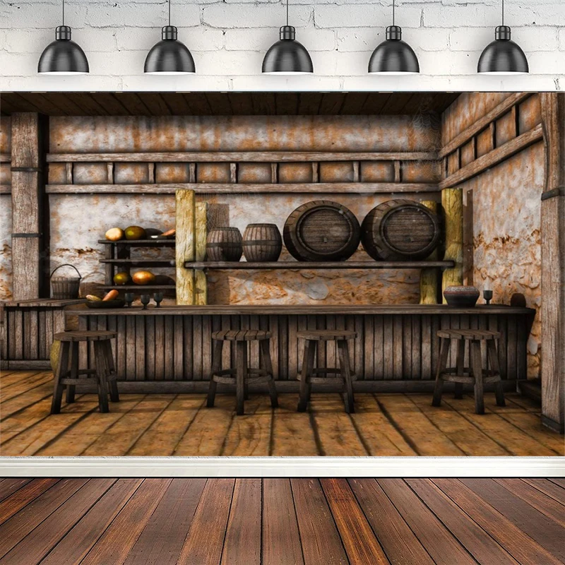 Shabby Saloon Tavern Interior Photography Backdrop Old Wall Wooden Bar Counter Tables Chairs Background Western Cowboy Portrait