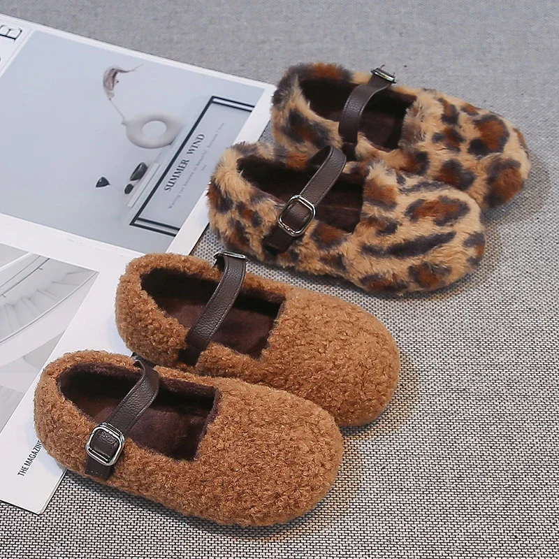 Girls Cartoon Puppy Dog Leopard Fuzzy Mary Jane Shoes, Adjustable Buckle Strap Plush‑Lined Winter Flat Shoes