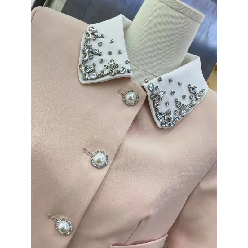 Sweet French High-quality Diamond-encrusted Sweet Suit Pink Doll Collar Coat+ Skirt Set Korea Cute Two-piece Women Suit Summer