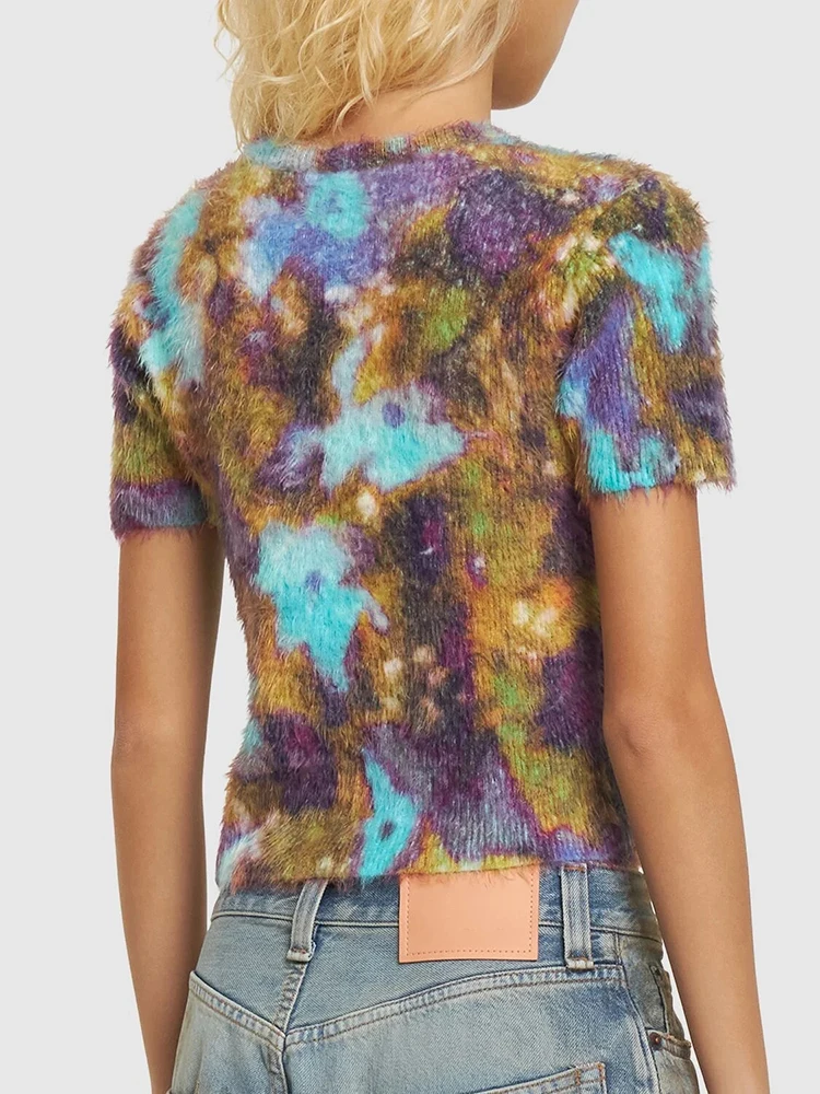 Colorful tie-dye floral print short-sleeved T-shirt fashionable and versatile y2k plush short section of the navel knitwear