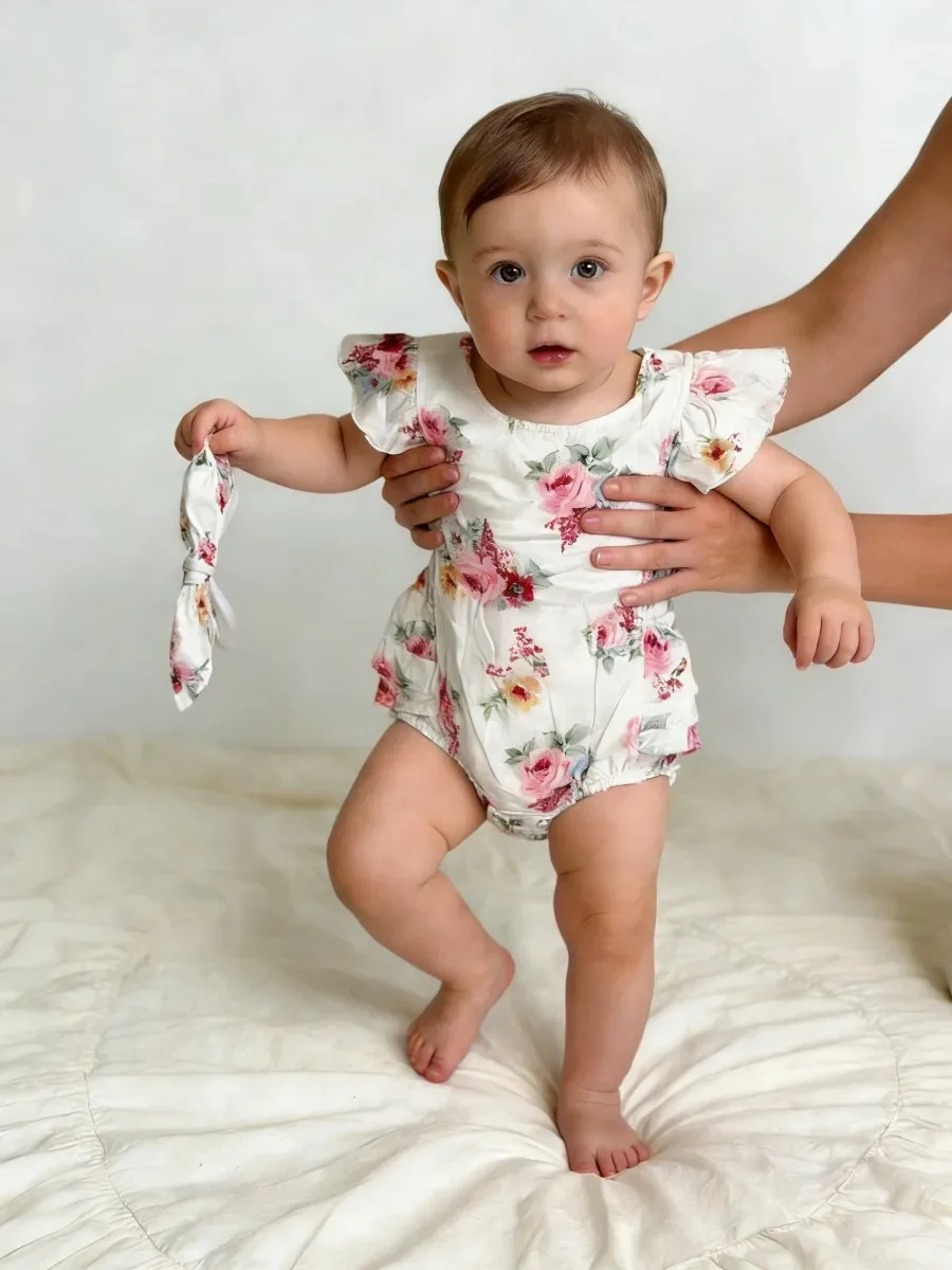 Summer Cute Infant Baby Girls Floral Sleeveless Romper +Headband Summer Sunsuit Clothes Outfits
