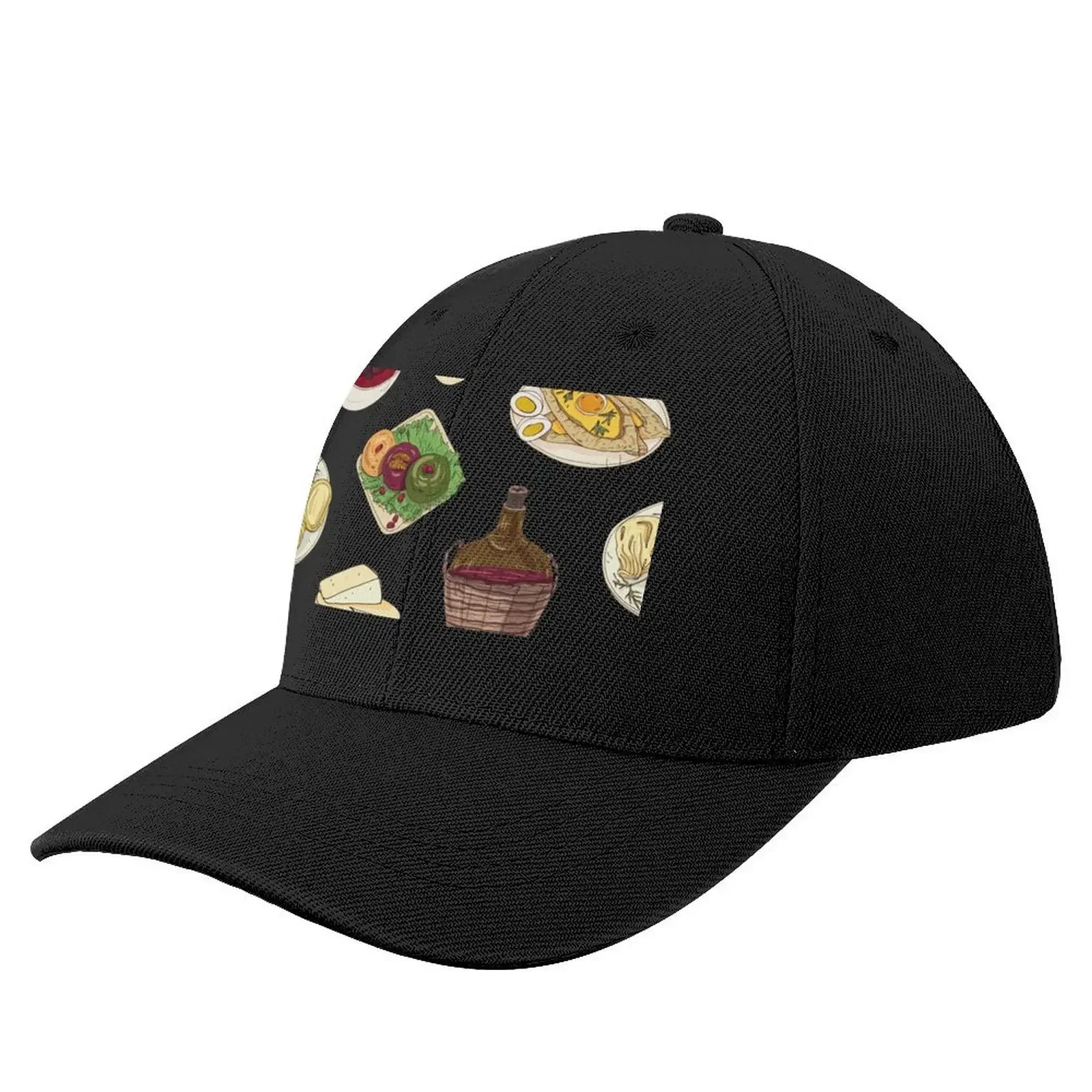 

Assorted Georgian Food Pattern - Khachapuri, Khinkali, Badrijani, Dolma, Kharcho, Wine and Cheese Baseball Cap