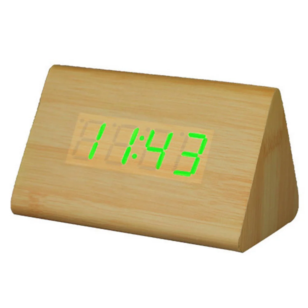 

Modern Triangle LED Wooden Desk Alarm Clock Sound Control Digital Thermometer Light Brown Wood Green Light Home Decoration