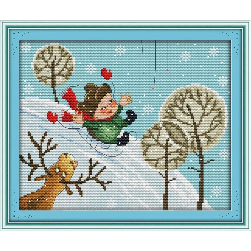 

Joy Sunday New Stamped Cross Stitch Ki,11CT/14CT/16CTDIY Easy Pattern Aida Fabric Embroidery Set-The Skiing Boy