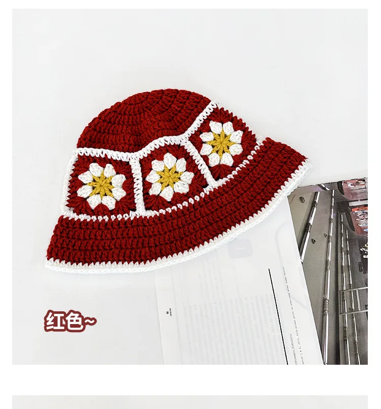 2025 herbst Neue Häkeln Koreanische Handgemachte Eimer Hut Frauen Weben Gestrickte Hut Y2k Mode Blumen Herbst Winter Mützen Becken Kappe – Detail 3