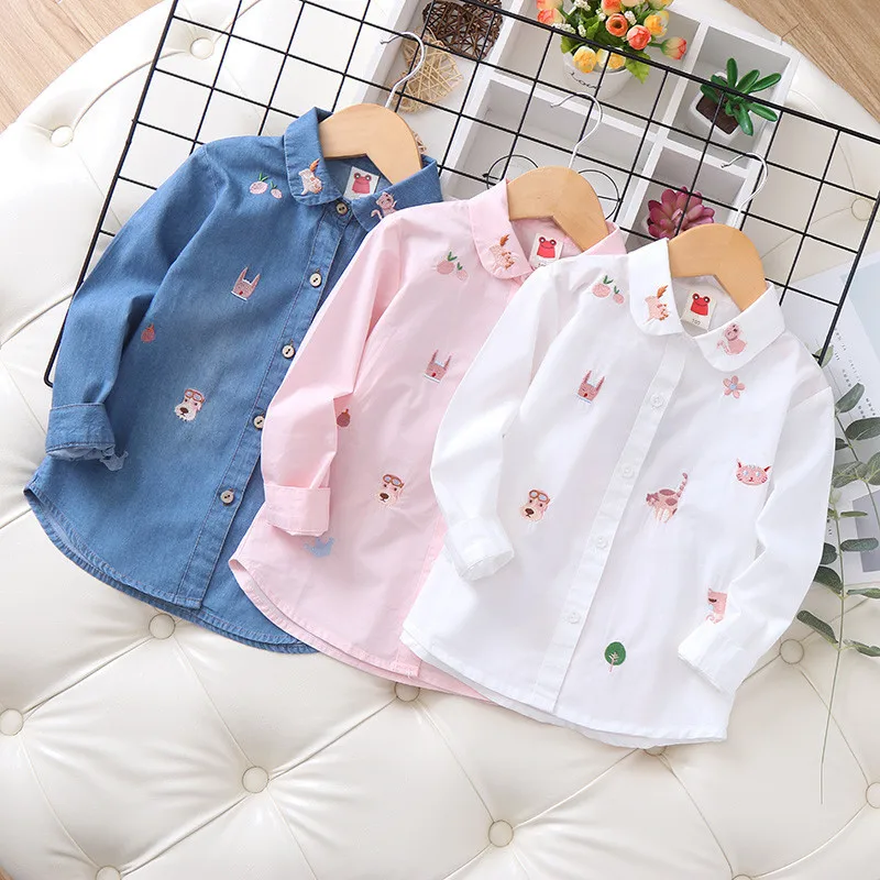 8 10 years Girl Embroidery Cartoon White Blue Blouse School Uniform Tops Spring Autumn Sweet Kids Girls Outfit