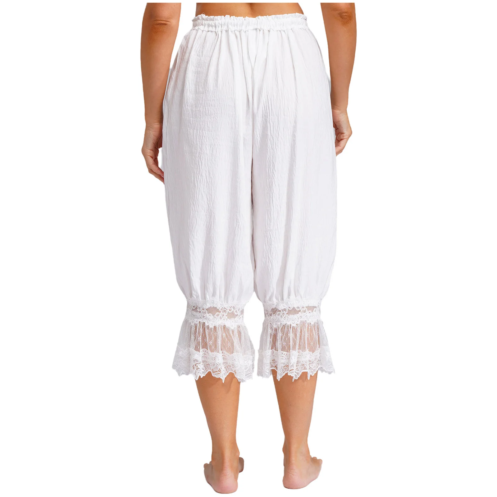 Women's Lace Trim Bloomers Pant Loungewear Elastic Waist with Drawstring Loose Harem Pants Medieval Pirate Pantaloons Midi Pants