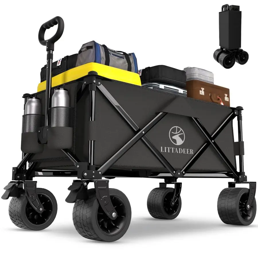 

carts Foldable with Silent AllTerrain Wheels, Collapsible Heavy Duty Beach Wagon with Cup Holders and Brakes, Large Foldable Wag
