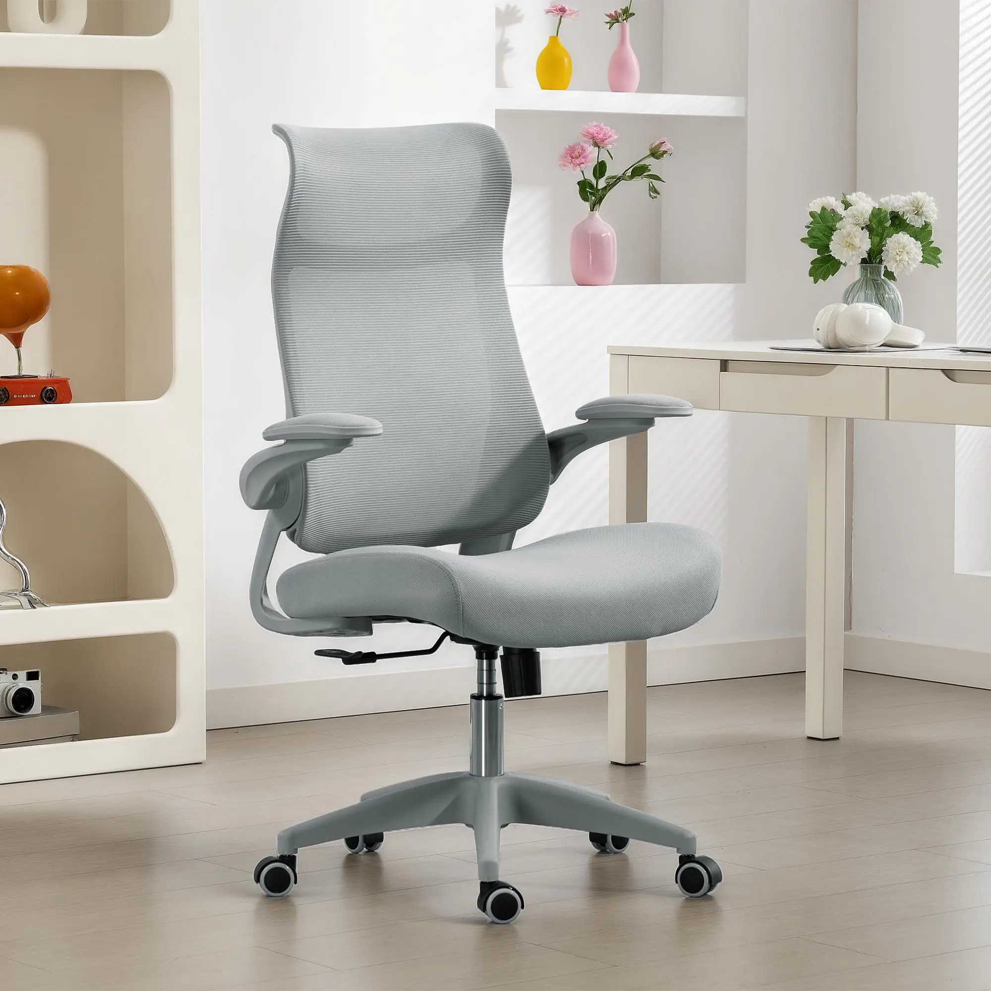 Chaise de bureau ergonomique avec dossier en maille et support pour le cou, accoudoirs 5D, hauteur de siège réglable
