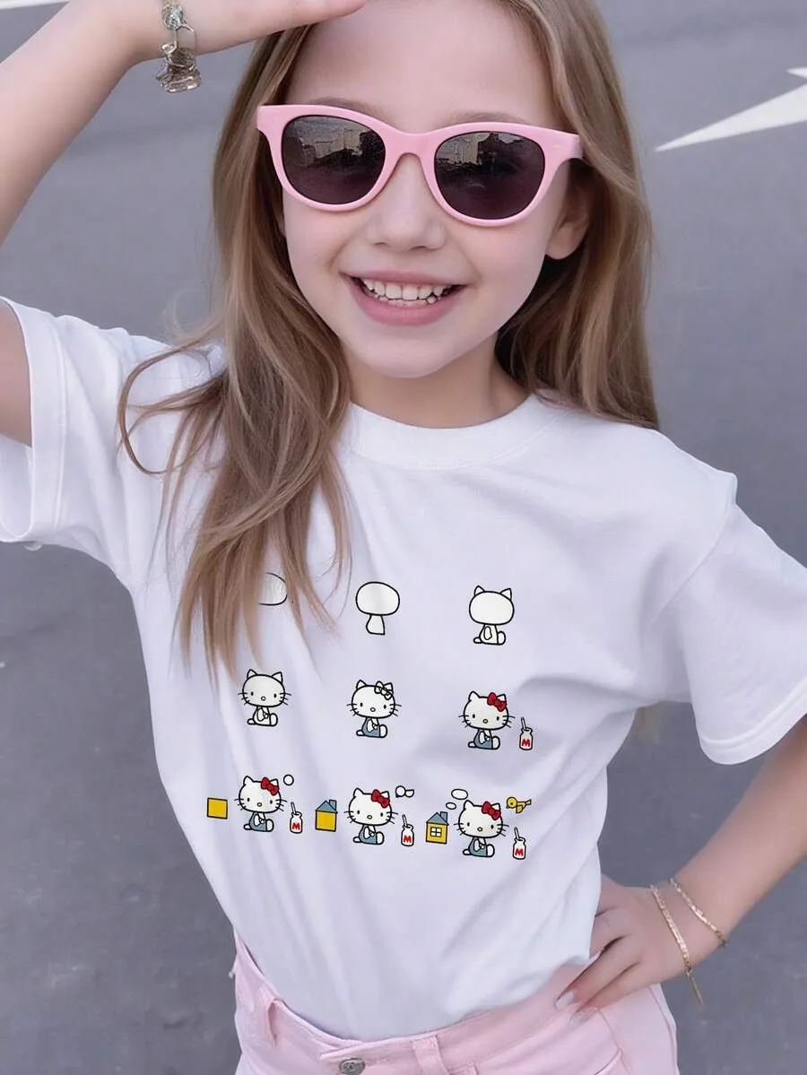 تي شيرت Sanrio Kids' صيفي وخريفي بأكمام قصيرة تي شيرت Hello Kitty 'Sweet & Bubbly' مطبوع Kawaii يجب أن يكون للمراهقين من سن 4 إلى 14 عامًا