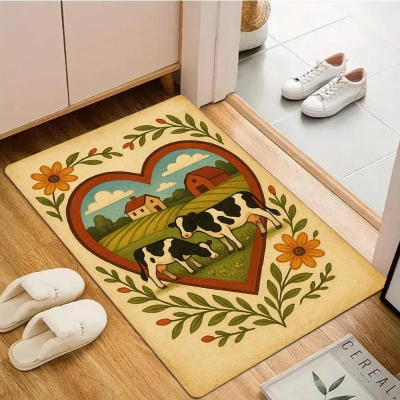 Folk Art Cottage Non-Slip Area Rug, Retro European Floral Pattern Washable Floor Mat, Decorative Entryway Doormat for Front Door