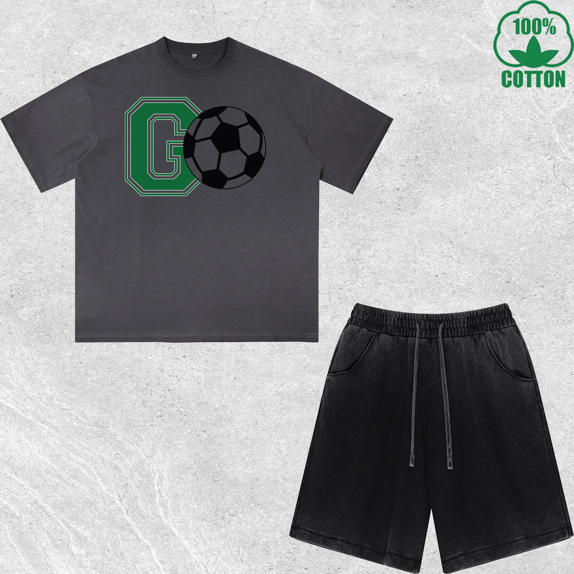 

GO Soccer Printed Dirty Wash T-Shirt Shorts Set Combo Loose Trendy Fashionable 100%Cotton Short Value Pack