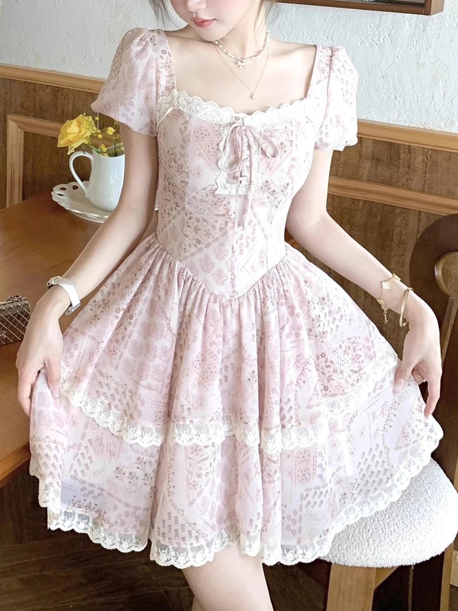 달콤한 꽃무늬 레이스 트림 네트 스커트, 허리 조임 슬림 핑크 케이크 스커트, 여성 여름 A라인 프린세스 스커트