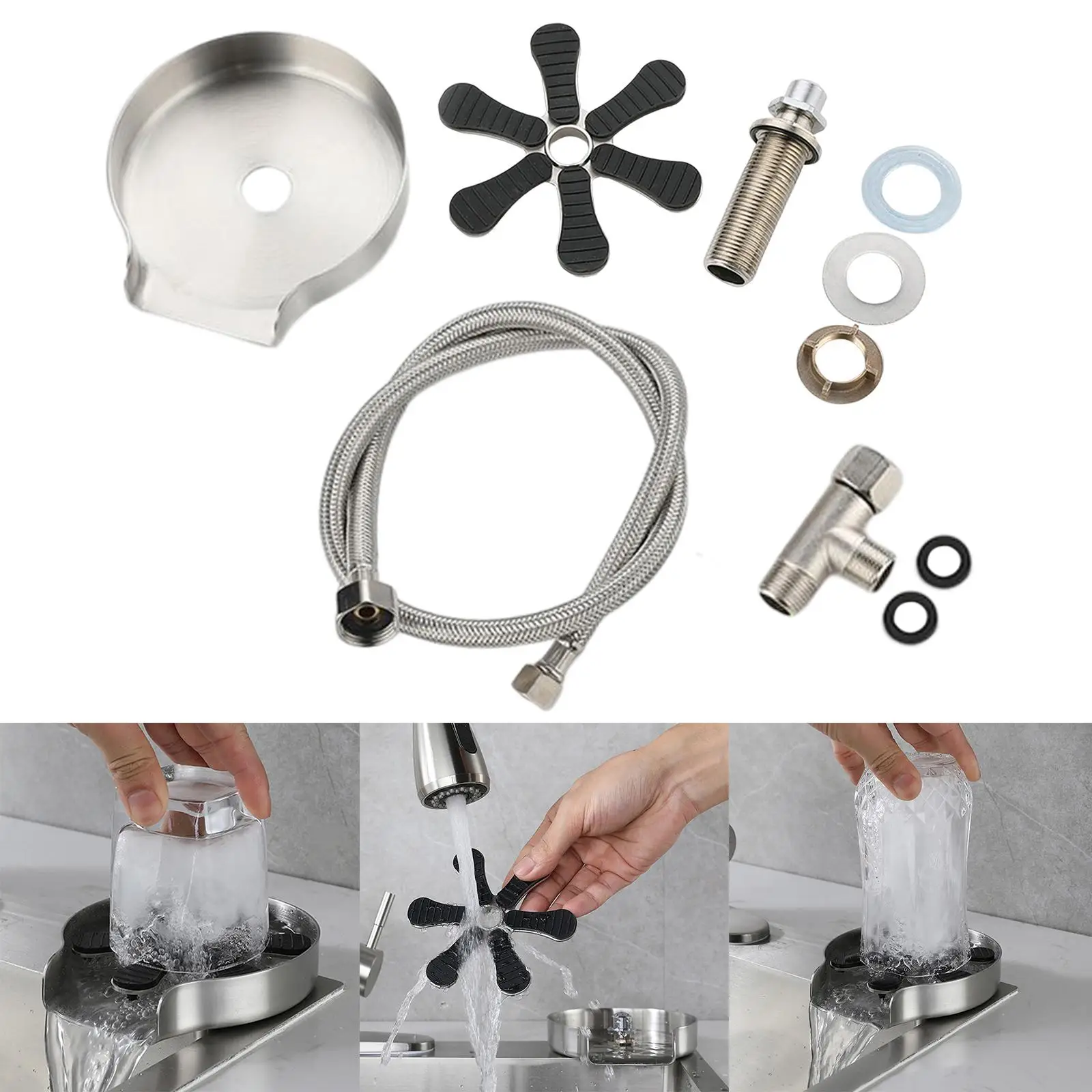 Stainless Steel chen Sink rinser for glass Set T Adapter 1/2 inch, Efficient Beer Milk Bottle Washer