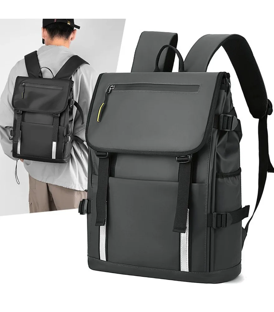 Black gray flip top backpack with reflective strip anti splash multi pockets for daily school outdoor casual travel