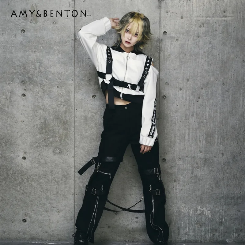 Japanese Harajuku Mine Series Strap Buckle Off-Shoulder Hoodies Women Subculture Gothic Splicing Color Short Sweatshirt Women