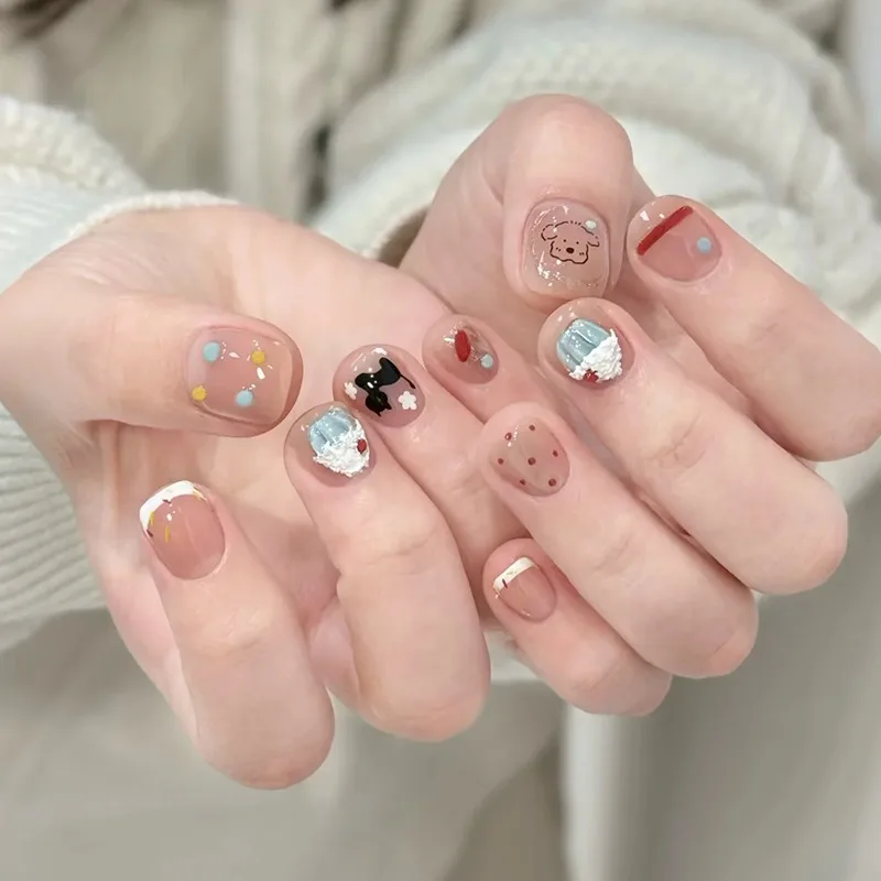 

24PCS Cute Cake Polka Dot French False Nails with Glue Cartoon Dog Short Square Fake Nails for Sweet Girls Simple Nails Press On