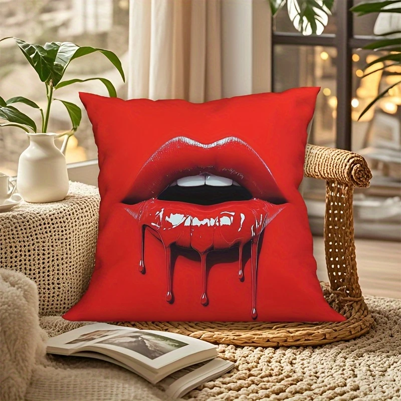 2D Dripping Red Lips Pillow Cover Sexy Glossy Lip Print Cushion Case for Sofa Couch Modern Gothic Home Decor Gift