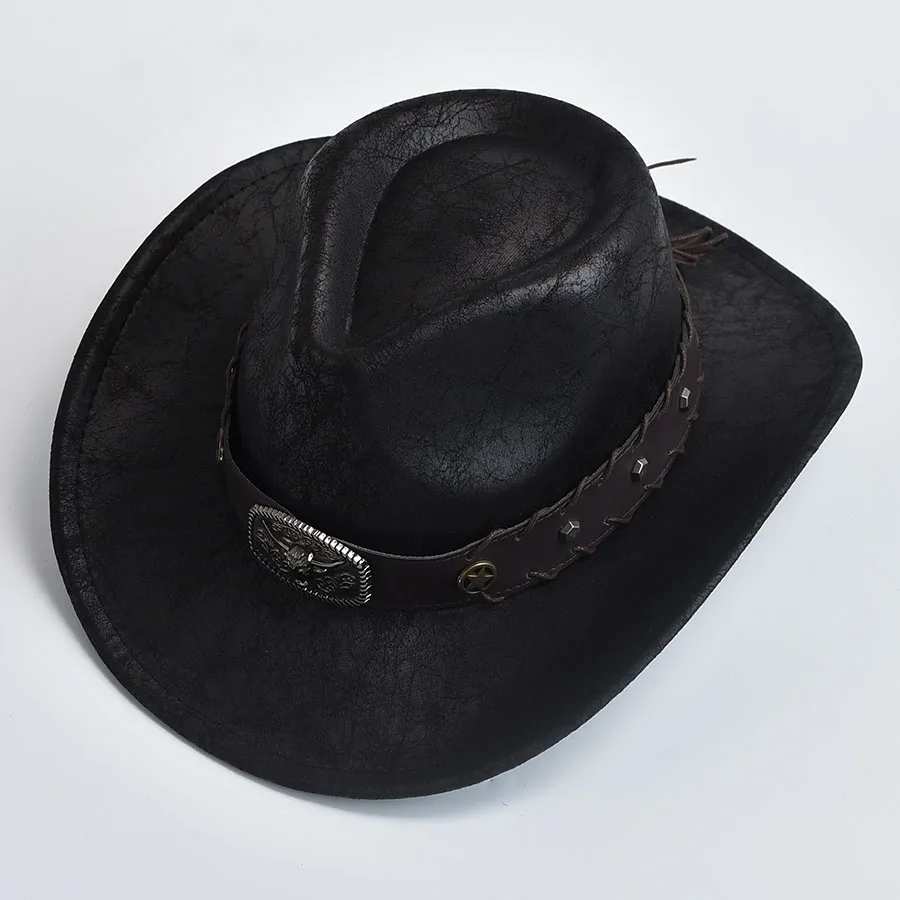 Western Cowboy Hat for Men Women Faux Leather Vintage Gentleman Cowgirl Costume Jazz Hats Sombrero Hombre