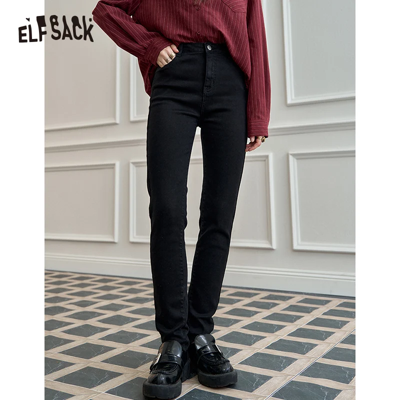 ELFSACK 2024 Winter New Arrivals Black high waisted casual pants for women, versatile leggings