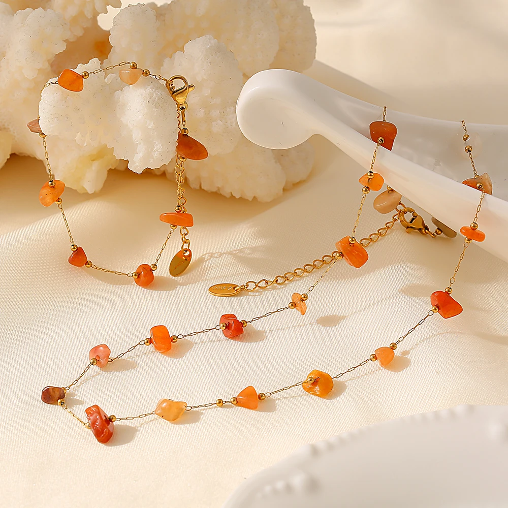 Orange Red Necklace Bracelet Women Set Stainless Steel Natural Stones Beaded Pendant Female Necklaces Luxury Jewelry