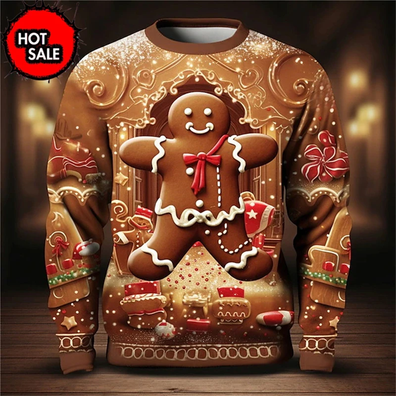 Gingerbread Man 3D Printing Sweatshirts Men Happy Christmas Graphic Round Collar Pullover Hoodies Funny Ugly Christmas Sweater