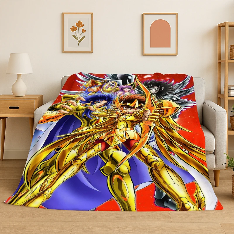 Retro Saint Seiya Anime Cartoon Flannel Blanket Soft Warm Throw Blanket for Bedroom Living Room Bed Travel Camping Picnic Gift