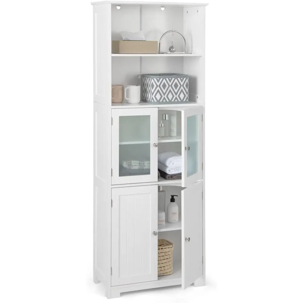 

Freestanding Tall Bathroom Storage Cabinet with Glass Doors and Adjustable Shelves