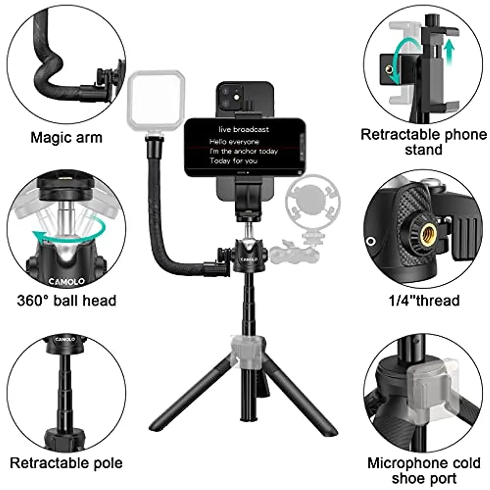 CAMOLO Teleprompter Photo Studio Mini Phone Tripod Cell Phone Tripod Mount Phone Holder for Selfie Stick for iPhone Video Tablet