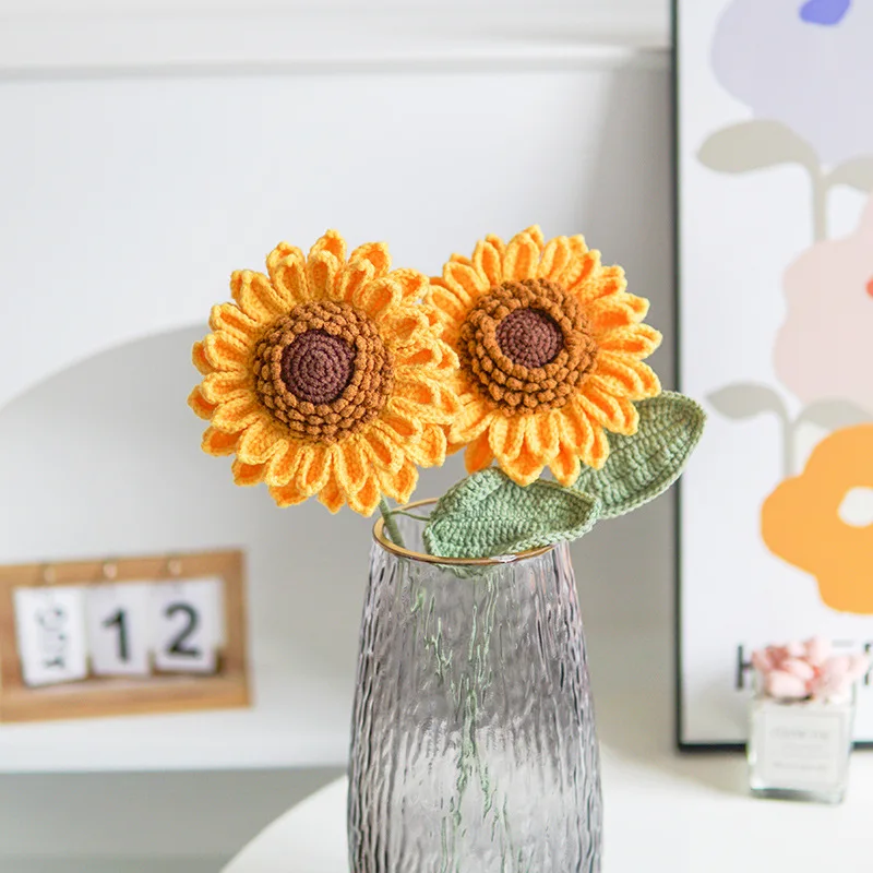 Handmade Knitted Sunflower Branch Bouquet Flower Wool Crochet Flower Bouquet Gift For Home Vase Wedding Decoration Wholesales