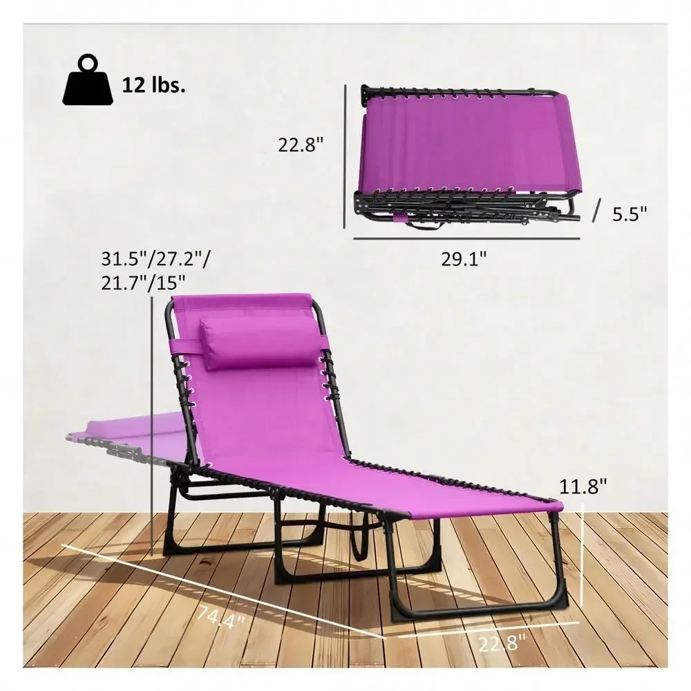 Chaise Lounge Chair, Outsunny Pool Sun Lounger With 4Position Reclining, Pillow, Breathable Mesh, Portable Beach Chair Purple