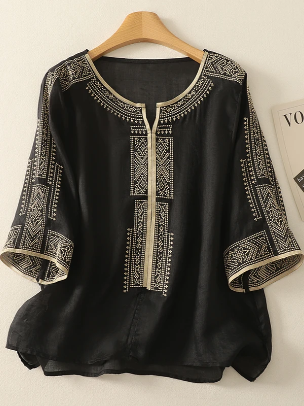 

Ele Embroidered Cotton Linen Loose Fit irt Women's Summer Faion plus Size V-Ne ort Sve Slimming Top