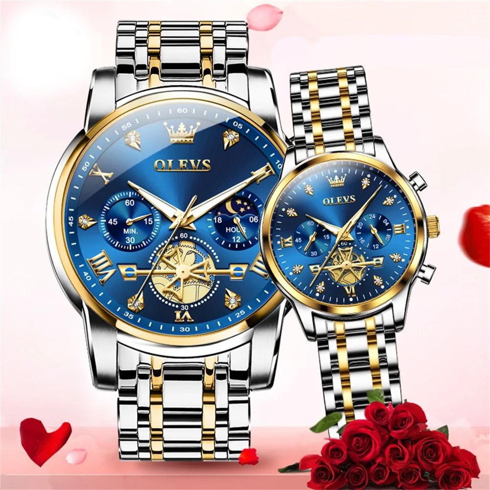 OLEVS Couple Watches Top Brand Trend Fashion Original Quartz Watch for Lover Flywheel Chronograph Waterproof Luminous 2Pcs reloj