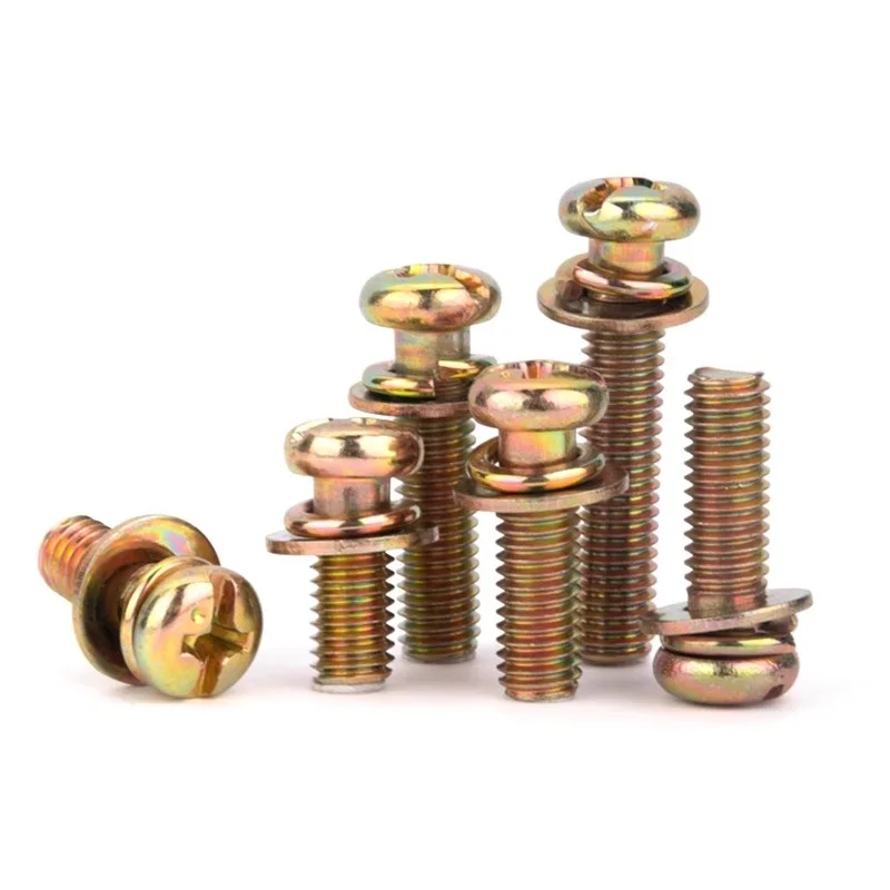 Color Zinc Plated Carbon Steel M3 M4 M5 M6 M8 Pan Round Head Cross Recessed Screws with Flat Washer and Spring Washer
