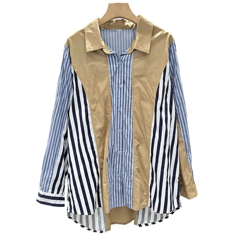 HKSH Primavera Autunno Nuove Donne Camicia Alla Moda Elegante Irregolare A Righe Patchwork Design Giacca Allentato Pigro Casual di Nicchia Magliette E Camicette HK12776
