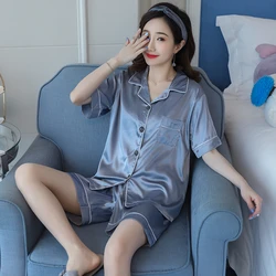 Womens Silk Satin Pajamas Pyjamas Set short Sleeve Sleepwear Pijama Pajamas Suit Female Sleep Two Piece Set Loungewear 4XL 5XL