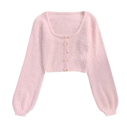 Christmas sweater women Cropped sweater pink long sleeve top flower knitted sweater kawaii clothes cute vintage sweater kawaii