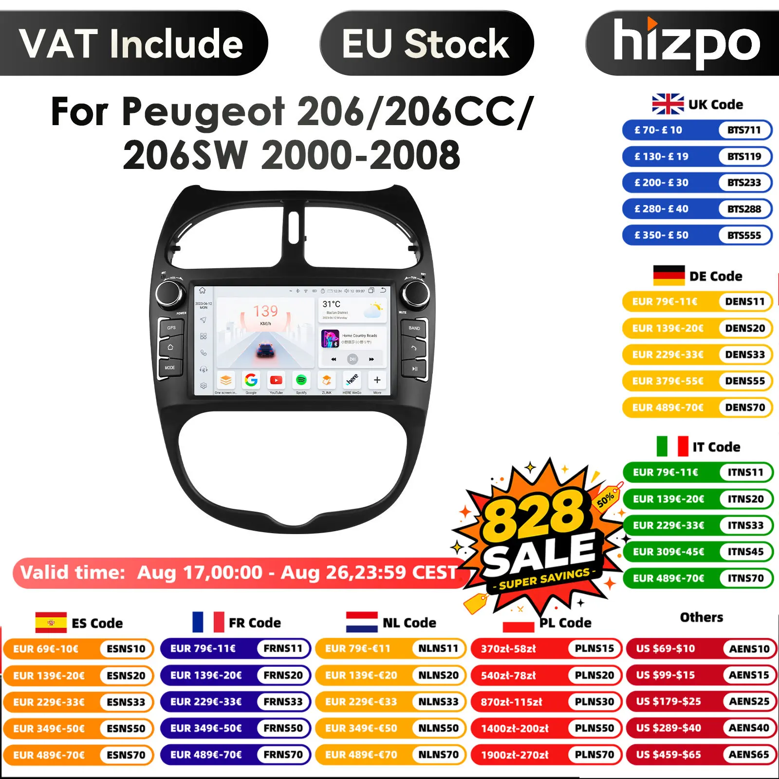 Für Peugeot 206 2001-2008 Auto Radio Multimedia Video Player Navigation GPS 4G Carplay Android 14 AutoRadio stereo 7'' Kopf Einheit