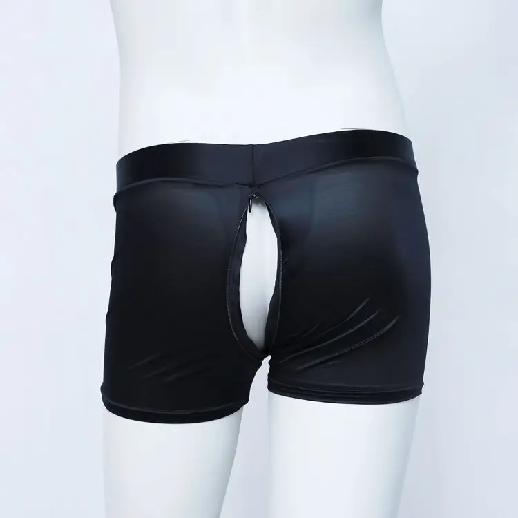 Men\'s Zipper Open Crotch See Through Ice Silk Thin Glossy Shorts Panties Casual Sleeping Shorts Bottoms Underwear