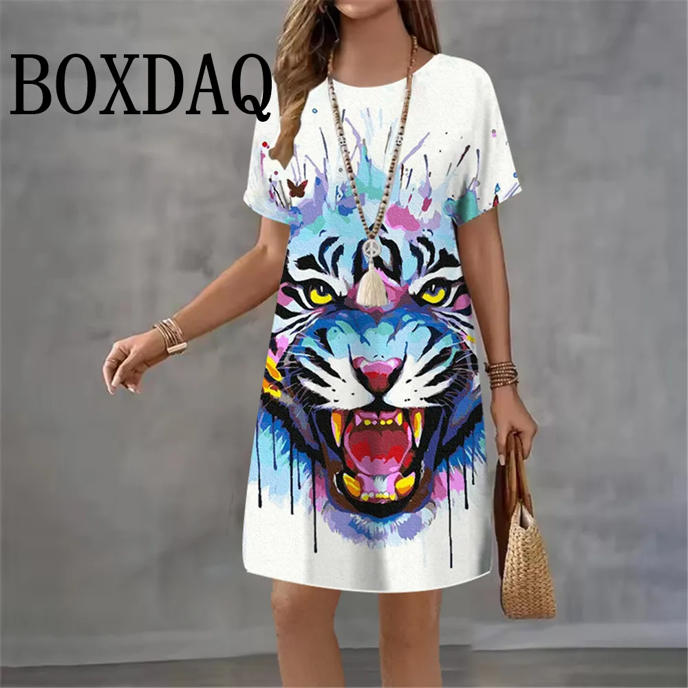 

2026 Модные платья с милым принтом кота для женщин, летнее повседневное свободное платье трапециевидной формы с короткими рукавами, уличное элегантное женское платье