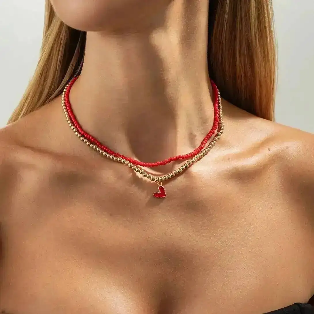 2개 세트 트렌디 Y2K 하트 펜던트 초커 목걸이 여성 보헤미안 CCB 비즈 쇄골 체인 정교한 파티 주얼리