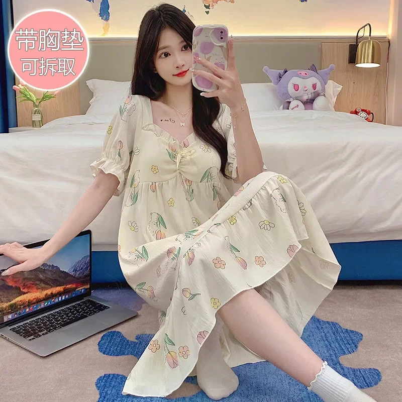 5XL Plus Size Pajamas Women Korean Sweet Print Short Sleeve Nightgown with Chest Pad Summer Loose Loungewear Can Be Worn Outside