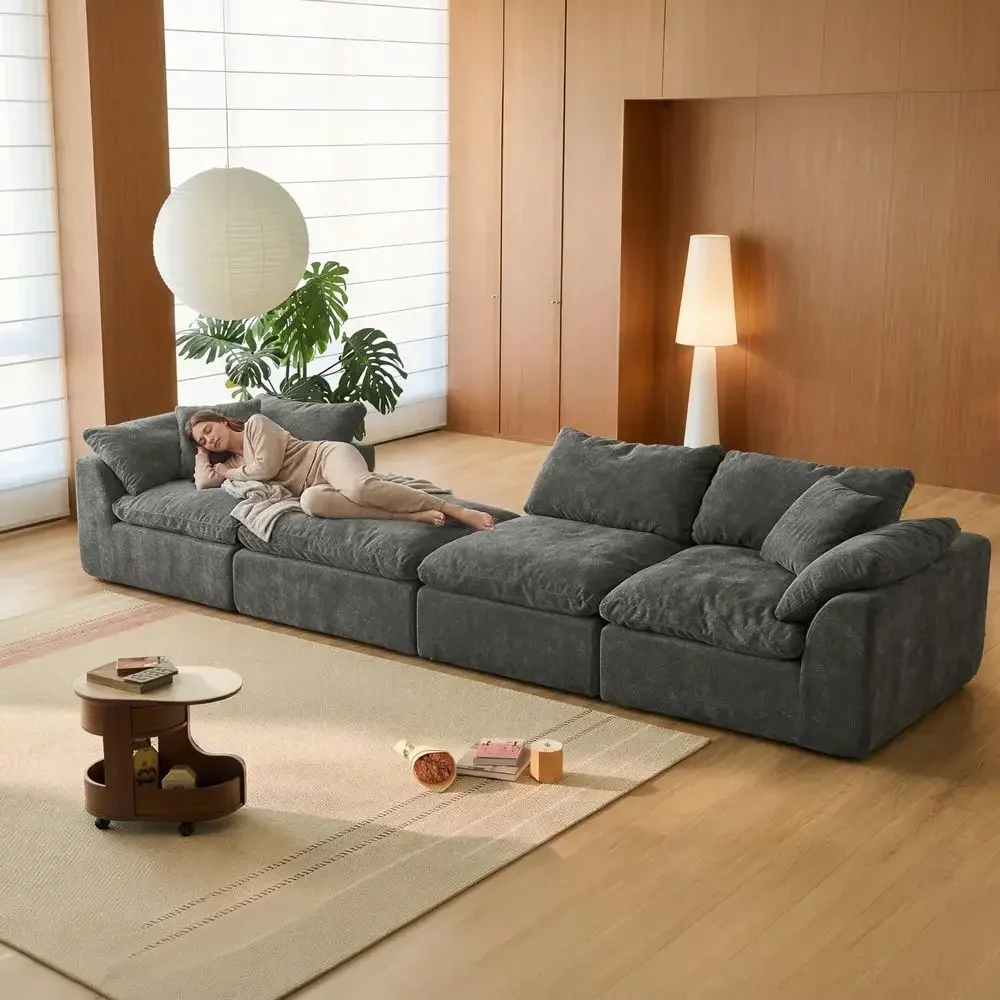 L-Shaped Chenille Sofa with Ottoman, High-Density Foam Filled, Living Room Friendly, Ready to Use (Grey)
