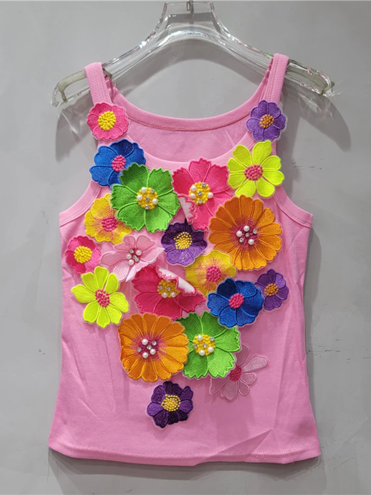 [EWQ] European Beautiful Diamond 3D Flowers Tank Top Women's Sleeveless Camisole Bead Outerwear Vest 2024 Spring Summer 16U9034