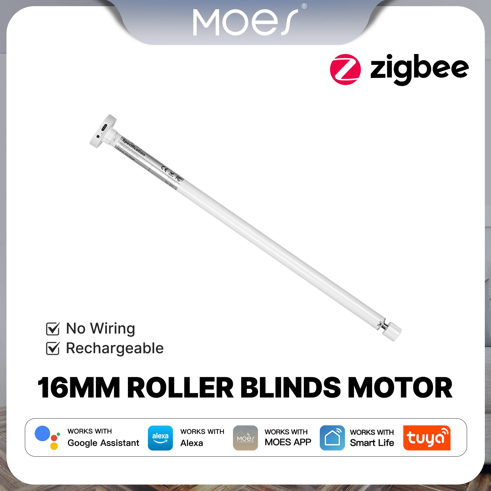 MOES Tuya Zigbee Smart Roller Blinds Motor 16mm Chargeable Window Shades Curtain For 17/25/28mm Tube Work with Alexa Google Home