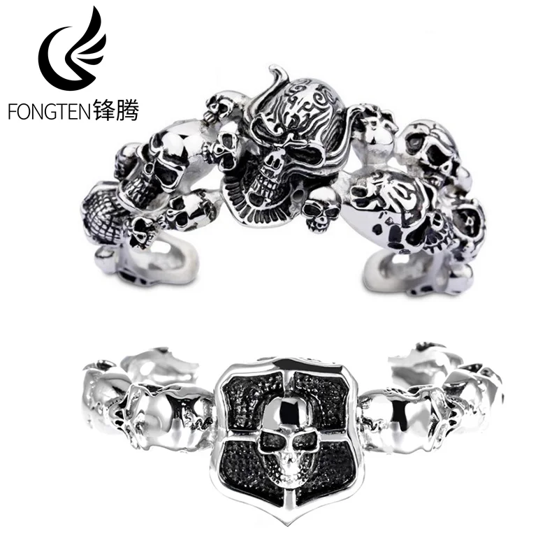 

Fongten Alternative Punk-Style Stainless Steel Bracelet With Stacked Skull Motifs Men's Halloween Gift Decorations Jewelry